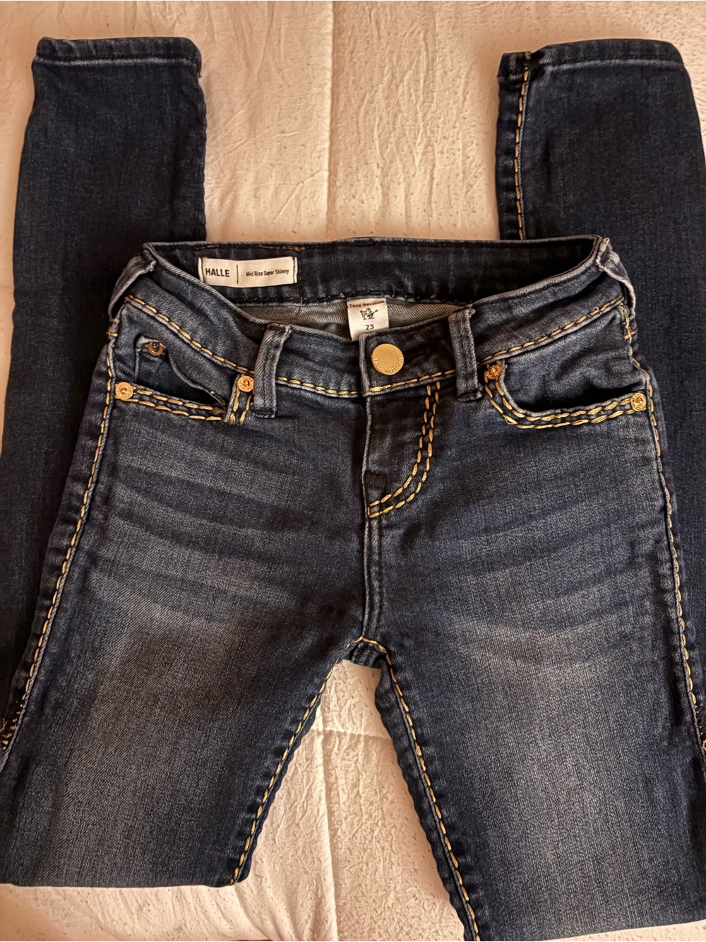 Size 23 True Religion Dark Indigo Skinny Jeans with Contrast Gold Stitching